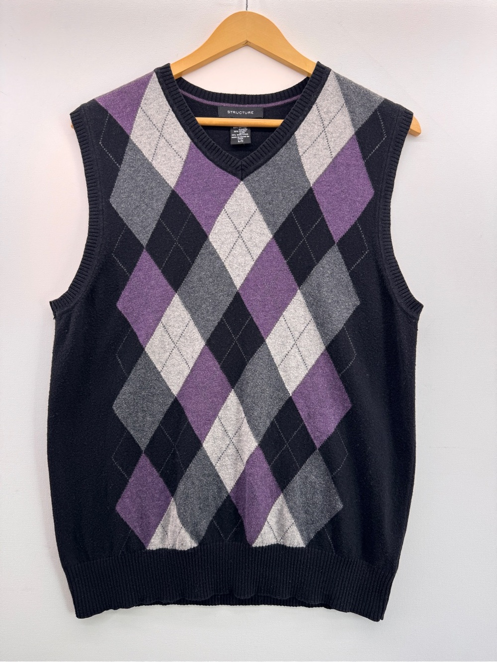Vintage Y2K Structure Argyle Sweater Vest - Purple Gray Black - Mens Size Small